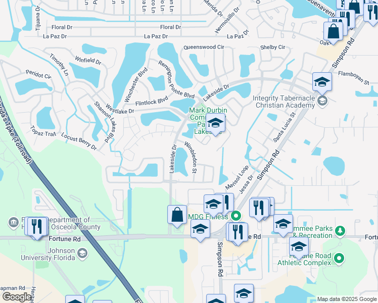 map of restaurants, bars, coffee shops, grocery stores, and more near 1842 Wimbledon Street in Kissimmee