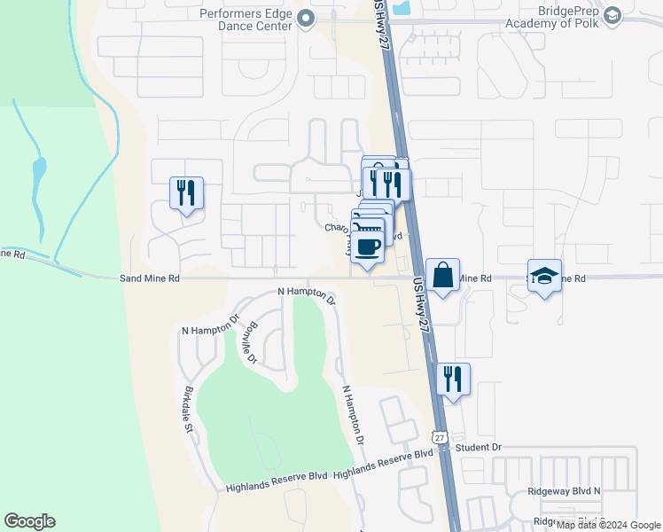 map of restaurants, bars, coffee shops, grocery stores, and more near 2600 Sand Mine Road in Davenport