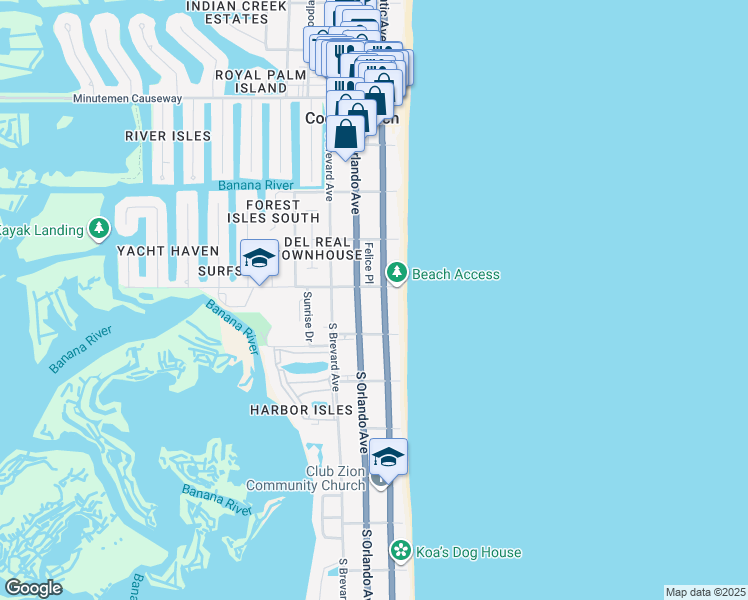 map of restaurants, bars, coffee shops, grocery stores, and more near in Cocoa Beach