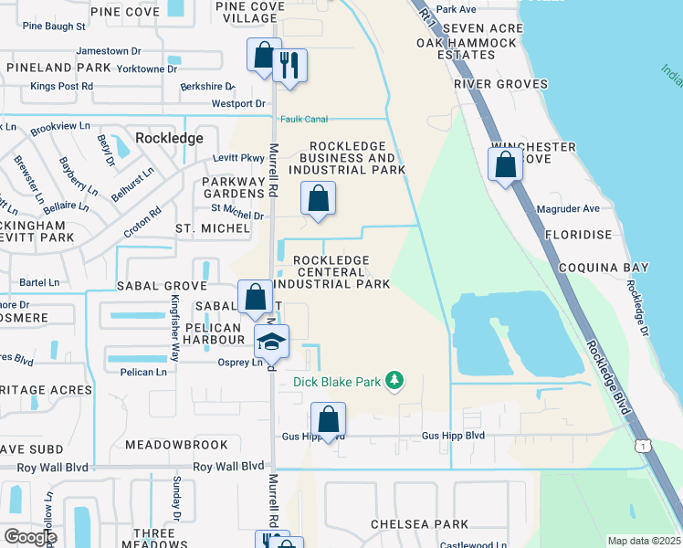 map of restaurants, bars, coffee shops, grocery stores, and more near 375 Commerce Parkway in Rockledge
