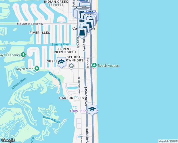 map of restaurants, bars, coffee shops, grocery stores, and more near 401 South Atlantic Avenue in Cocoa Beach