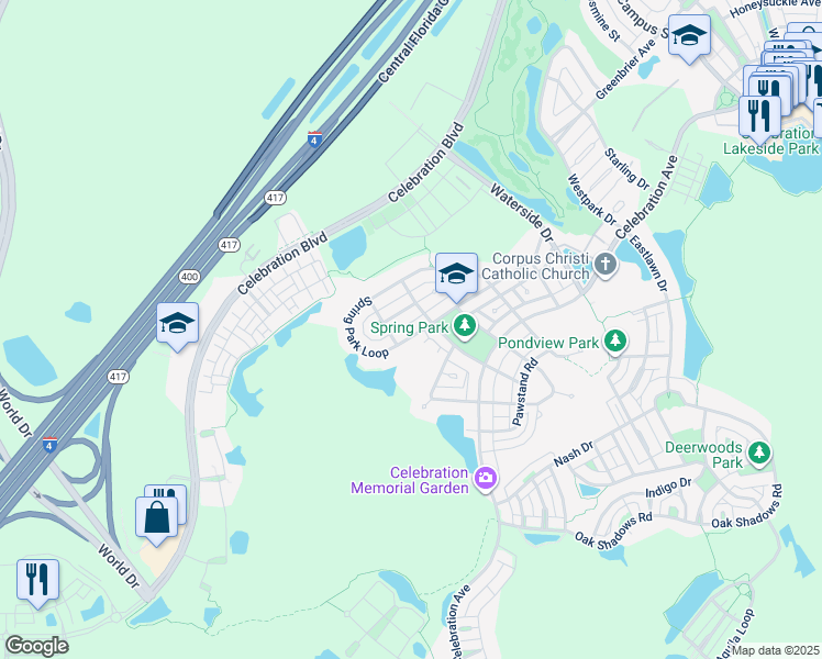 map of restaurants, bars, coffee shops, grocery stores, and more near 868 Spring Park Loop in Kissimmee
