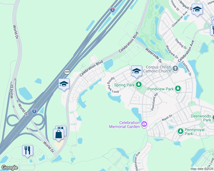 map of restaurants, bars, coffee shops, grocery stores, and more near 897 Spring Park Loop in Celebration