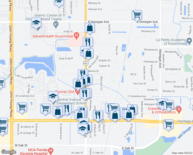 map of restaurants, bars, coffee shops, grocery stores, and more near 243 Principal Court in Kissimmee
