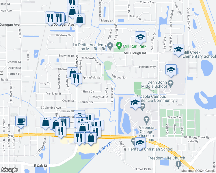 map of restaurants, bars, coffee shops, grocery stores, and more near 2123 Agate Street in Kissimmee