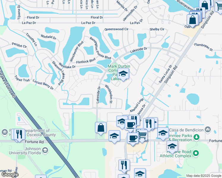 map of restaurants, bars, coffee shops, grocery stores, and more near 1833 Wimbledon Street in Kissimmee