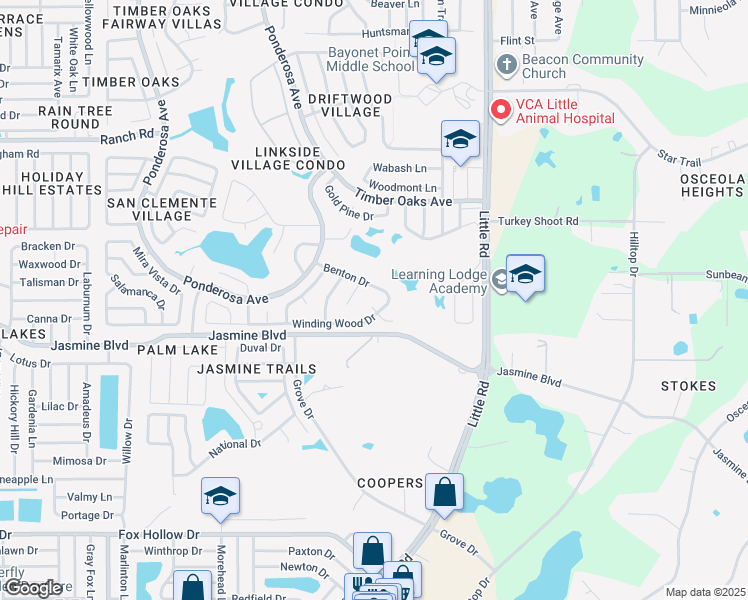 map of restaurants, bars, coffee shops, grocery stores, and more near 10534 Hardwood Court in Port Richey