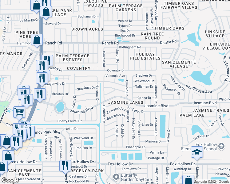 map of restaurants, bars, coffee shops, grocery stores, and more near 7608 Redcoat Avenue in Port Richey