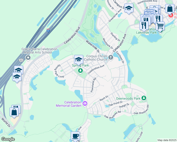 map of restaurants, bars, coffee shops, grocery stores, and more near 1131 Celebration Avenue in Celebration