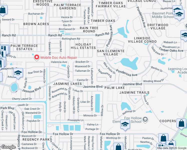 map of restaurants, bars, coffee shops, grocery stores, and more near 10536 Laburnum Drive in Port Richey