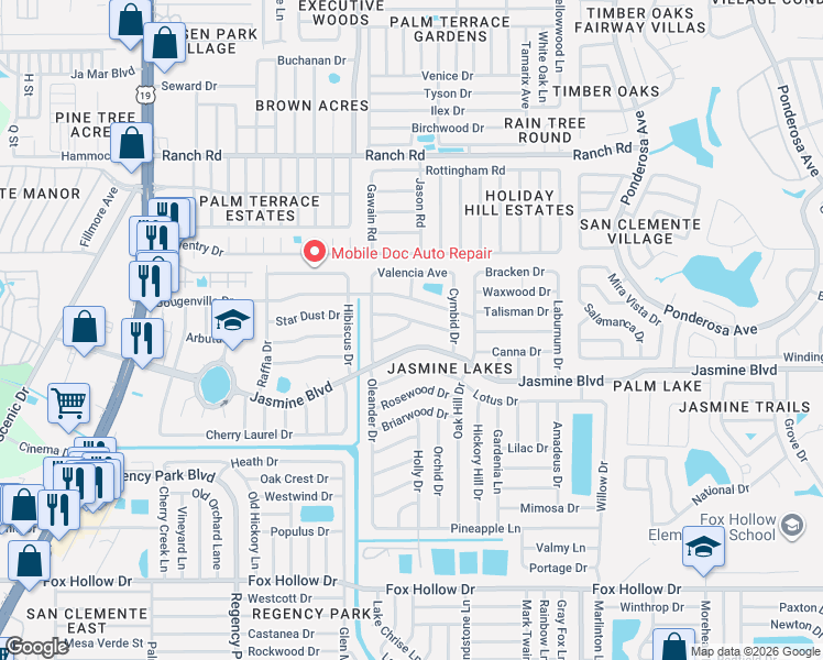 map of restaurants, bars, coffee shops, grocery stores, and more near 7608 Redcoat Avenue in Port Richey