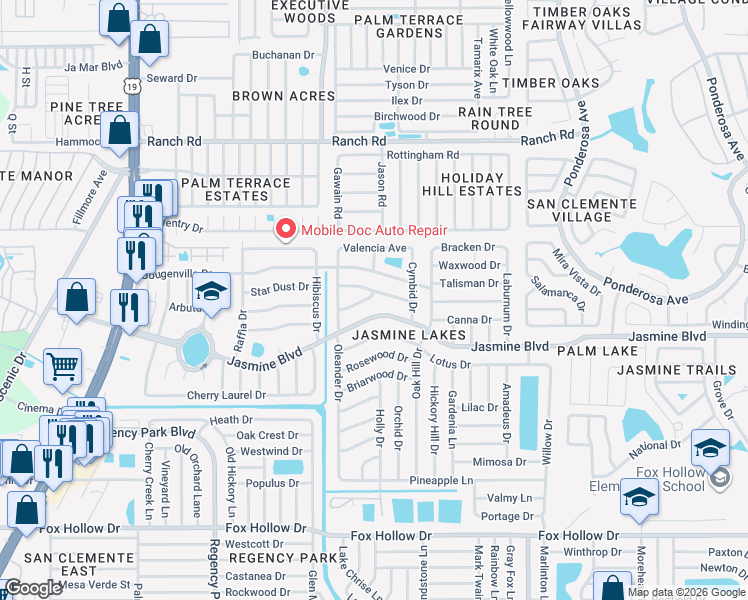 map of restaurants, bars, coffee shops, grocery stores, and more near 7608 Redcoat Avenue in Port Richey