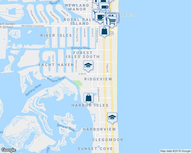 map of restaurants, bars, coffee shops, grocery stores, and more near 418 South Brevard Avenue in Cocoa Beach