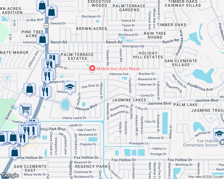 map of restaurants, bars, coffee shops, grocery stores, and more near 10541 Oleander Drive in Port Richey