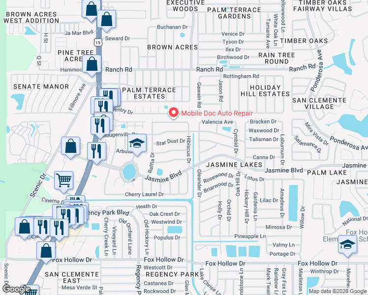 map of restaurants, bars, coffee shops, grocery stores, and more near 7417 Tangelo Avenue in Port Richey