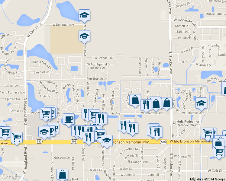 map of restaurants, bars, coffee shops, grocery stores, and more near 2202 Cascades Boulevard in Kissimmee