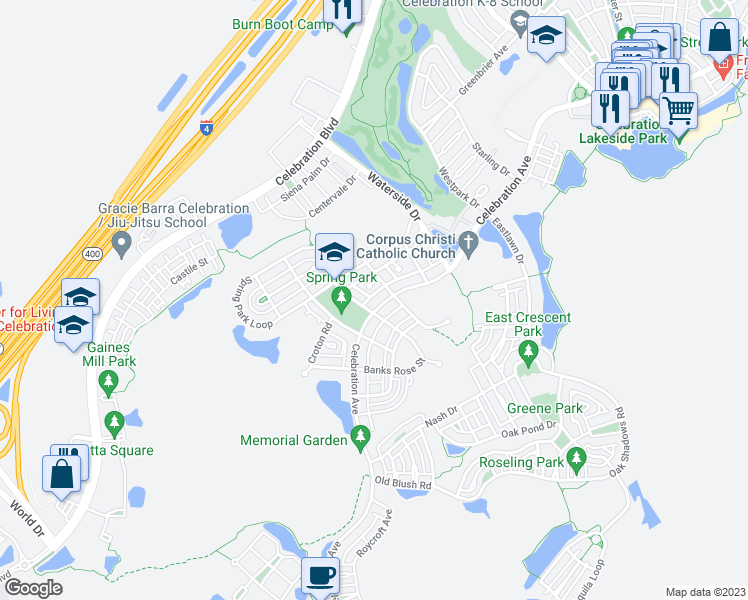 map of restaurants, bars, coffee shops, grocery stores, and more near 1131 Celebration Avenue in Celebration
