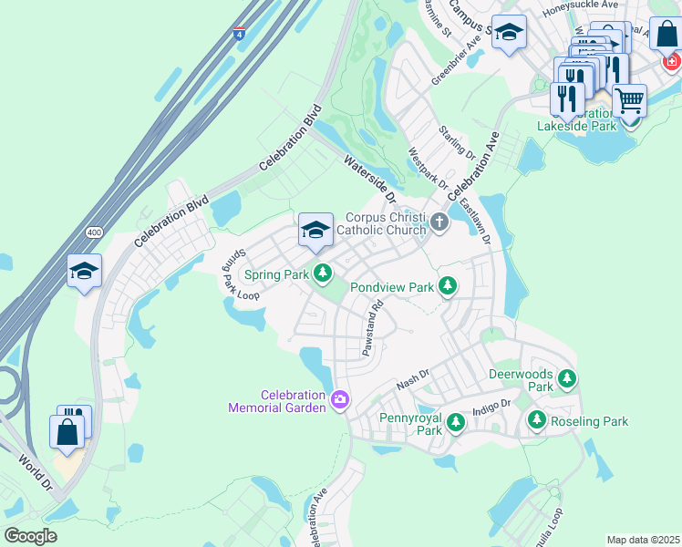map of restaurants, bars, coffee shops, grocery stores, and more near 1131 Celebration Avenue in Celebration