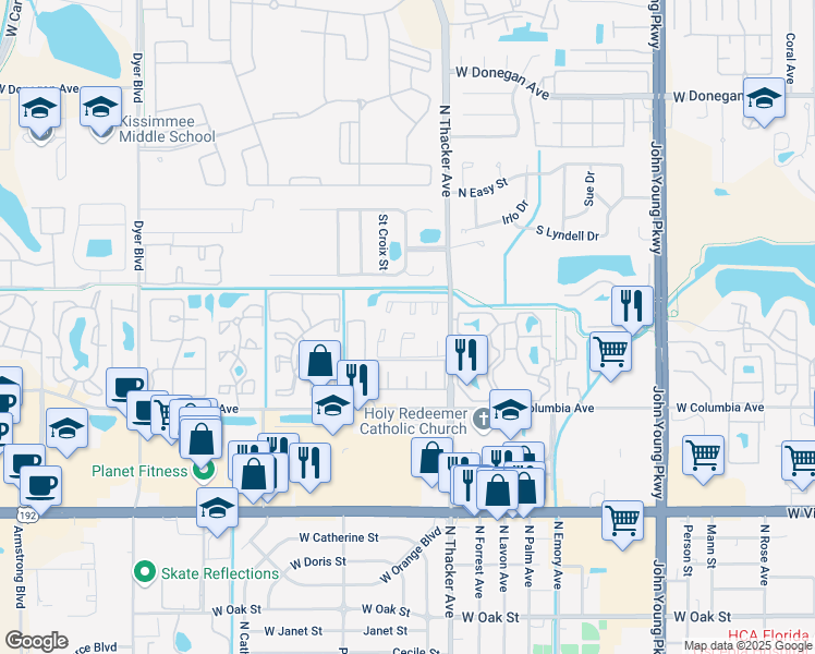 map of restaurants, bars, coffee shops, grocery stores, and more near 2127 Saint Marteen Court in Kissimmee
