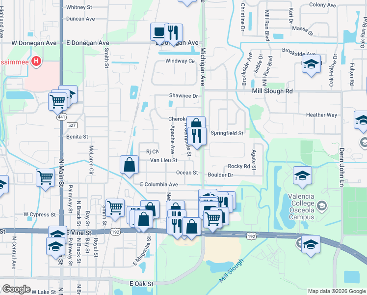 map of restaurants, bars, coffee shops, grocery stores, and more near 2222 North Seminole Street in Kissimmee