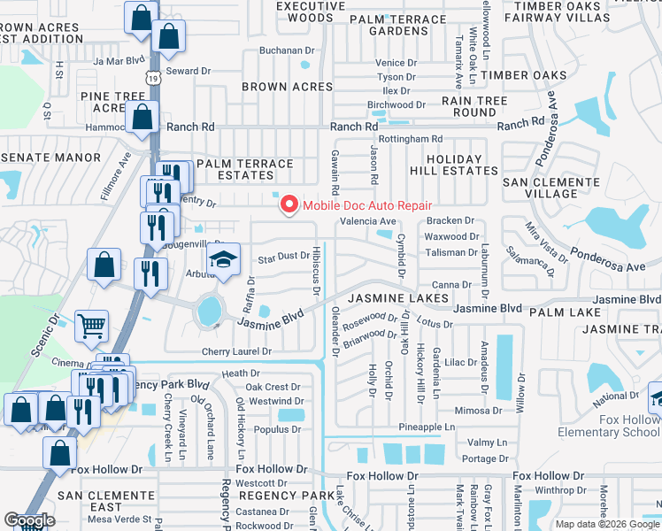 map of restaurants, bars, coffee shops, grocery stores, and more near 10541 Oleander Drive in Port Richey