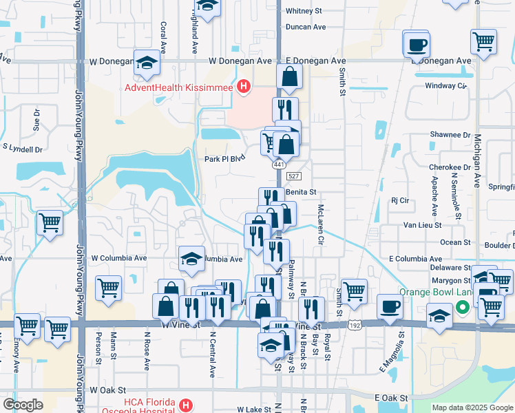 map of restaurants, bars, coffee shops, grocery stores, and more near 101 Poinciana Circle in Kissimmee
