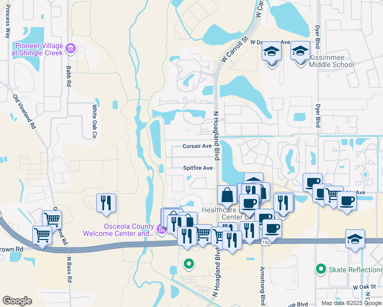 map of restaurants, bars, coffee shops, grocery stores, and more near 4141 Flying Fortress Avenue in Kissimmee
