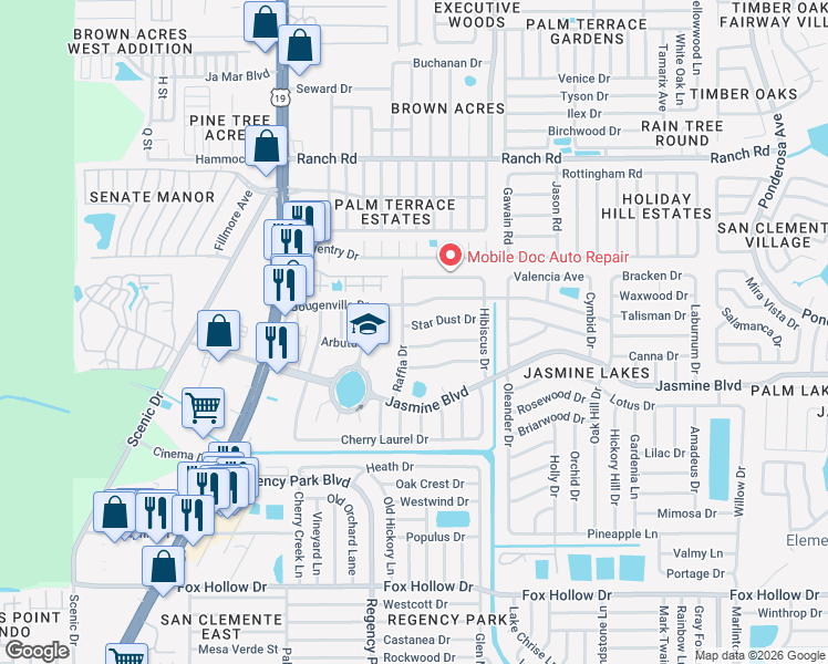 map of restaurants, bars, coffee shops, grocery stores, and more near 7300 Star Dust Drive in Port Richey