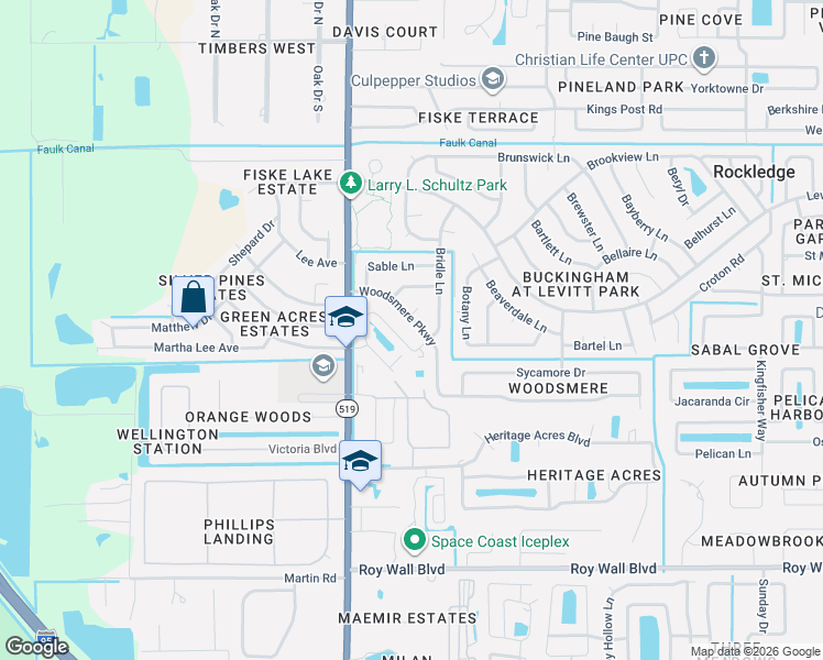 map of restaurants, bars, coffee shops, grocery stores, and more near 1003 Woodsmere Parkway in Rockledge