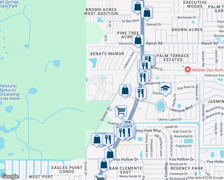 map of restaurants, bars, coffee shops, grocery stores, and more near 177 Big Pine Circle East in Port Richey