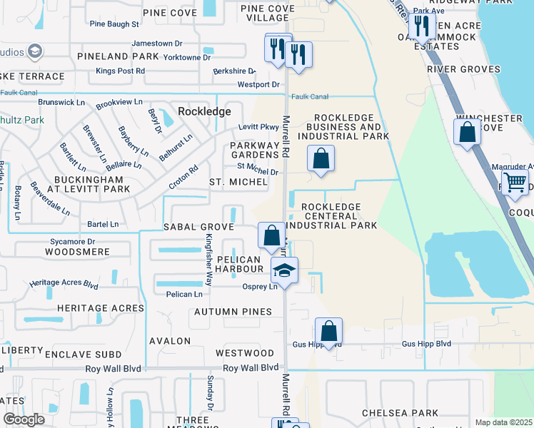 map of restaurants, bars, coffee shops, grocery stores, and more near 2855 Murrell Road in Rockledge