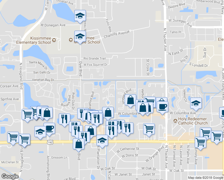 map of restaurants, bars, coffee shops, grocery stores, and more near 2202 Cascades Boulevard in Kissimmee