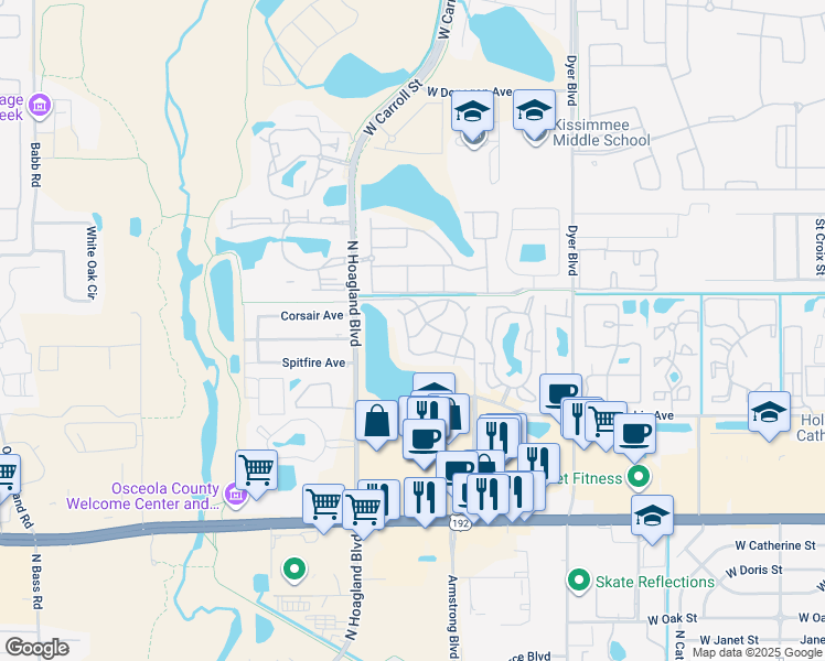 map of restaurants, bars, coffee shops, grocery stores, and more near 3838 Nautical Way in Kissimmee