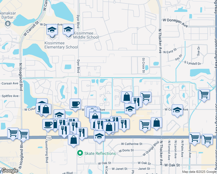 map of restaurants, bars, coffee shops, grocery stores, and more near 2202 Cascades Boulevard in Kissimmee