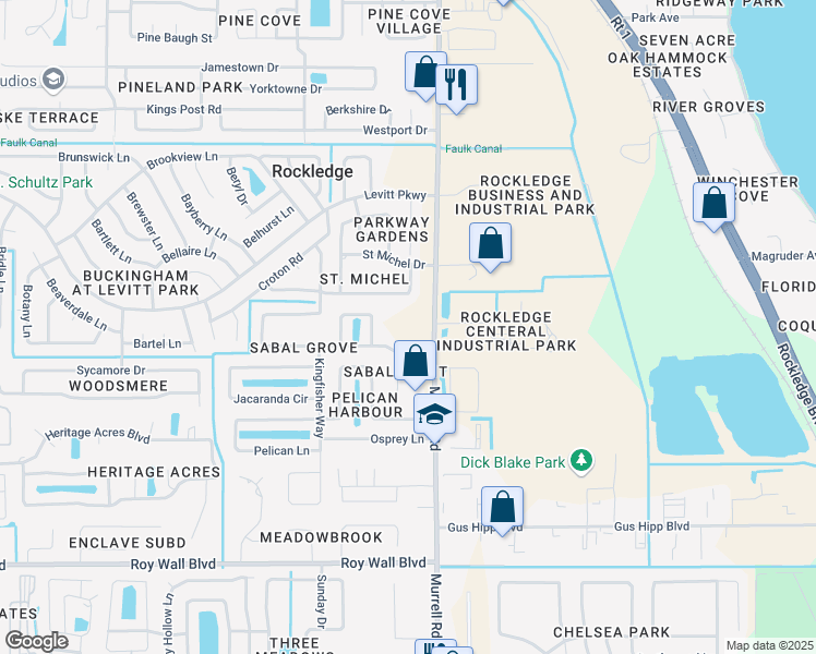 map of restaurants, bars, coffee shops, grocery stores, and more near 2855 Murrell Road in Rockledge