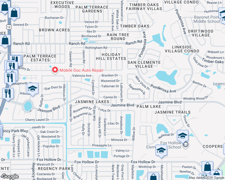 map of restaurants, bars, coffee shops, grocery stores, and more near 7839 Tropicana Drive in Port Richey