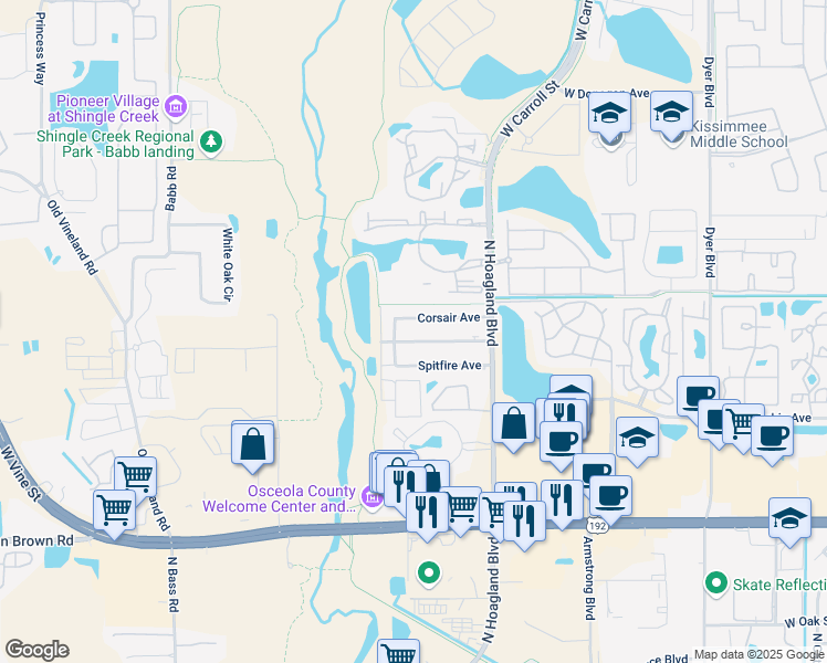 map of restaurants, bars, coffee shops, grocery stores, and more near 4167 Flying Fortress Avenue in Kissimmee