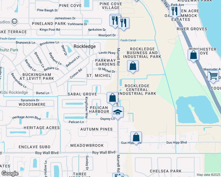 map of restaurants, bars, coffee shops, grocery stores, and more near 2855 Murrell Road in Rockledge