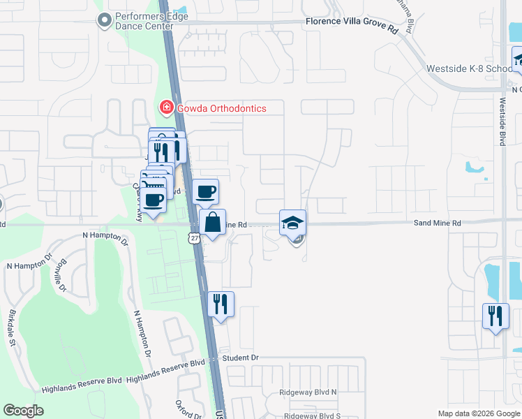 map of restaurants, bars, coffee shops, grocery stores, and more near Sand Mine Road in Davenport