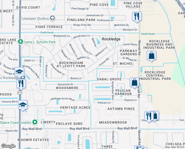 map of restaurants, bars, coffee shops, grocery stores, and more near 879 Evergreen Place in Rockledge