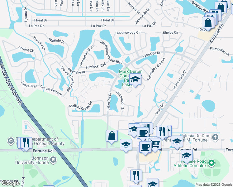map of restaurants, bars, coffee shops, grocery stores, and more near 1842 Wimbledon Street in Kissimmee