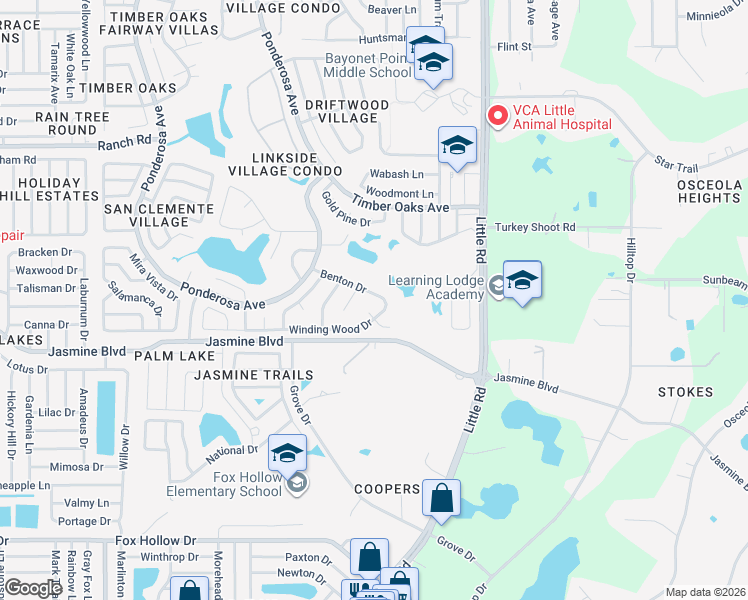 map of restaurants, bars, coffee shops, grocery stores, and more near 10534 Hardwood Court in Port Richey