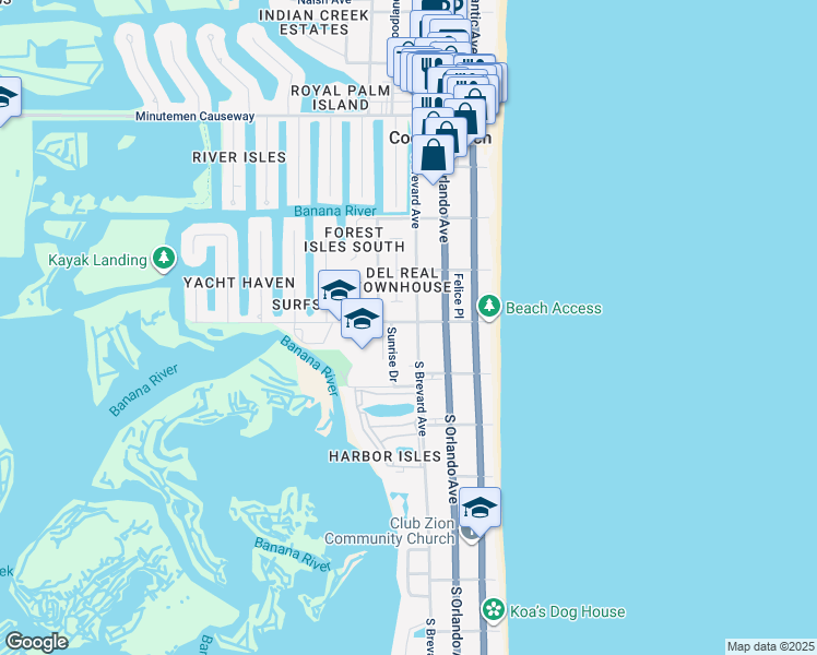 map of restaurants, bars, coffee shops, grocery stores, and more near 320 South 4th Street in Cocoa Beach