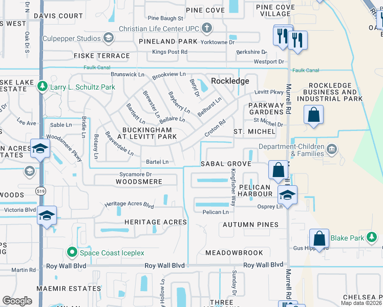 map of restaurants, bars, coffee shops, grocery stores, and more near 879 Evergreen Place in Rockledge