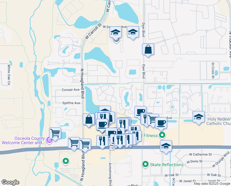 map of restaurants, bars, coffee shops, grocery stores, and more near 3828 Bowline Circle in Kissimmee