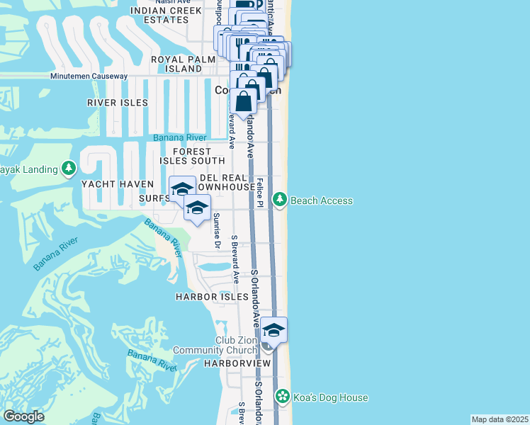 map of restaurants, bars, coffee shops, grocery stores, and more near 401 South Atlantic Avenue in Cocoa Beach