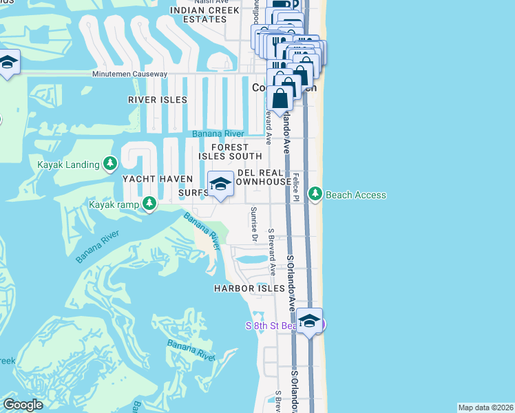 map of restaurants, bars, coffee shops, grocery stores, and more near 320 South 4th Street in Cocoa Beach