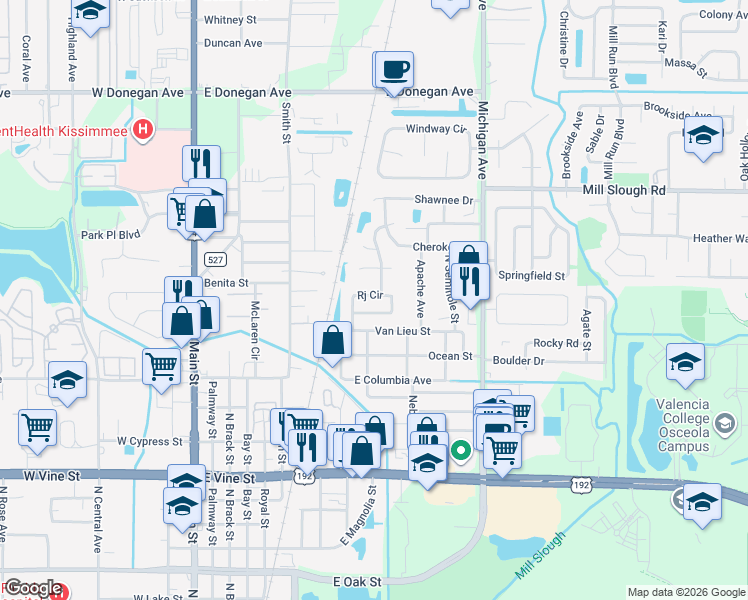 map of restaurants, bars, coffee shops, grocery stores, and more near 2127 Rj Circle in Kissimmee