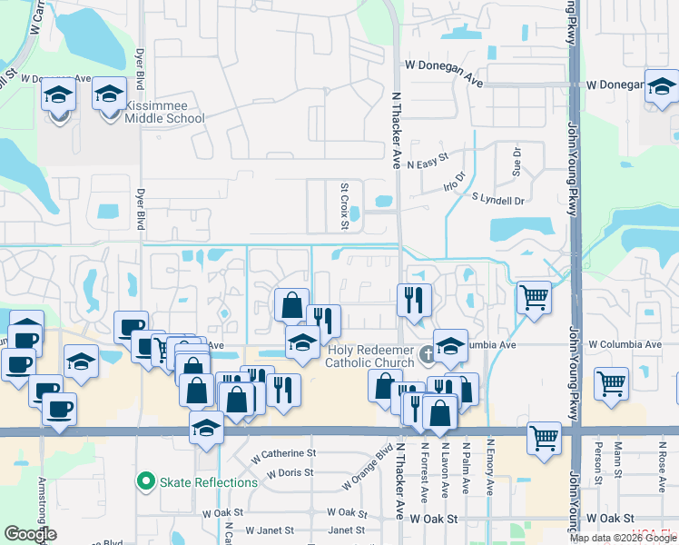 map of restaurants, bars, coffee shops, grocery stores, and more near 1941 Harbor Bay Court in Kissimmee
