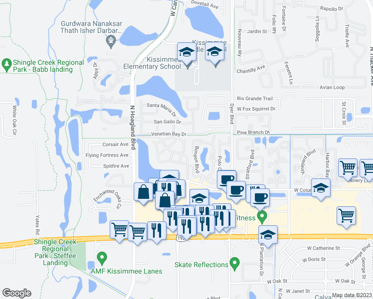 map of restaurants, bars, coffee shops, grocery stores, and more near 3828 Bowline Circle in Kissimmee
